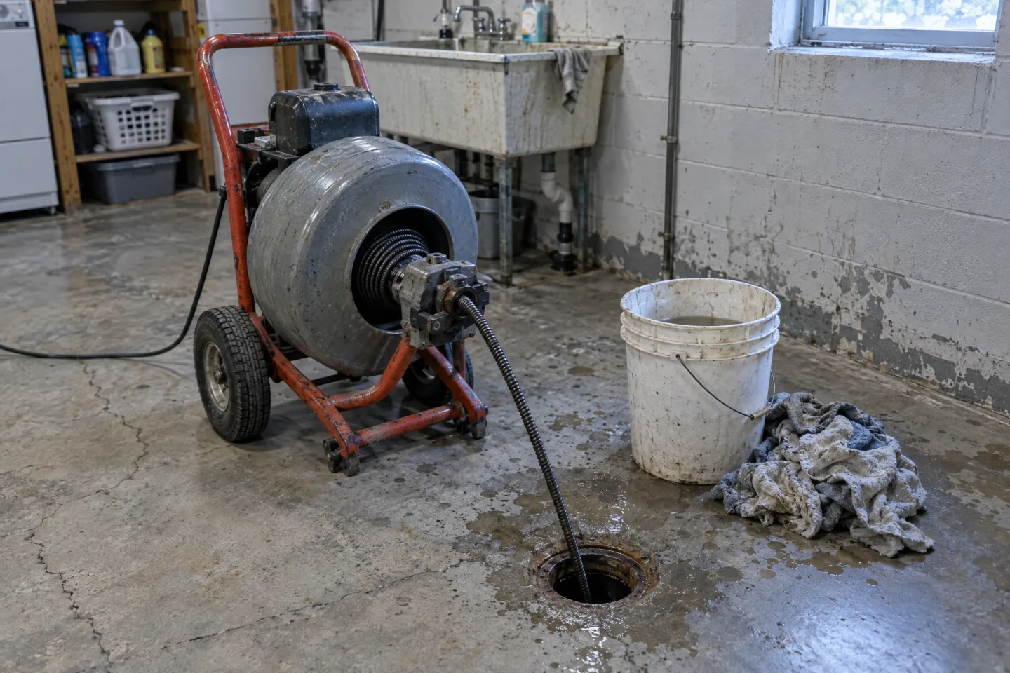 Drain cleaning equipment being used on a floor drain