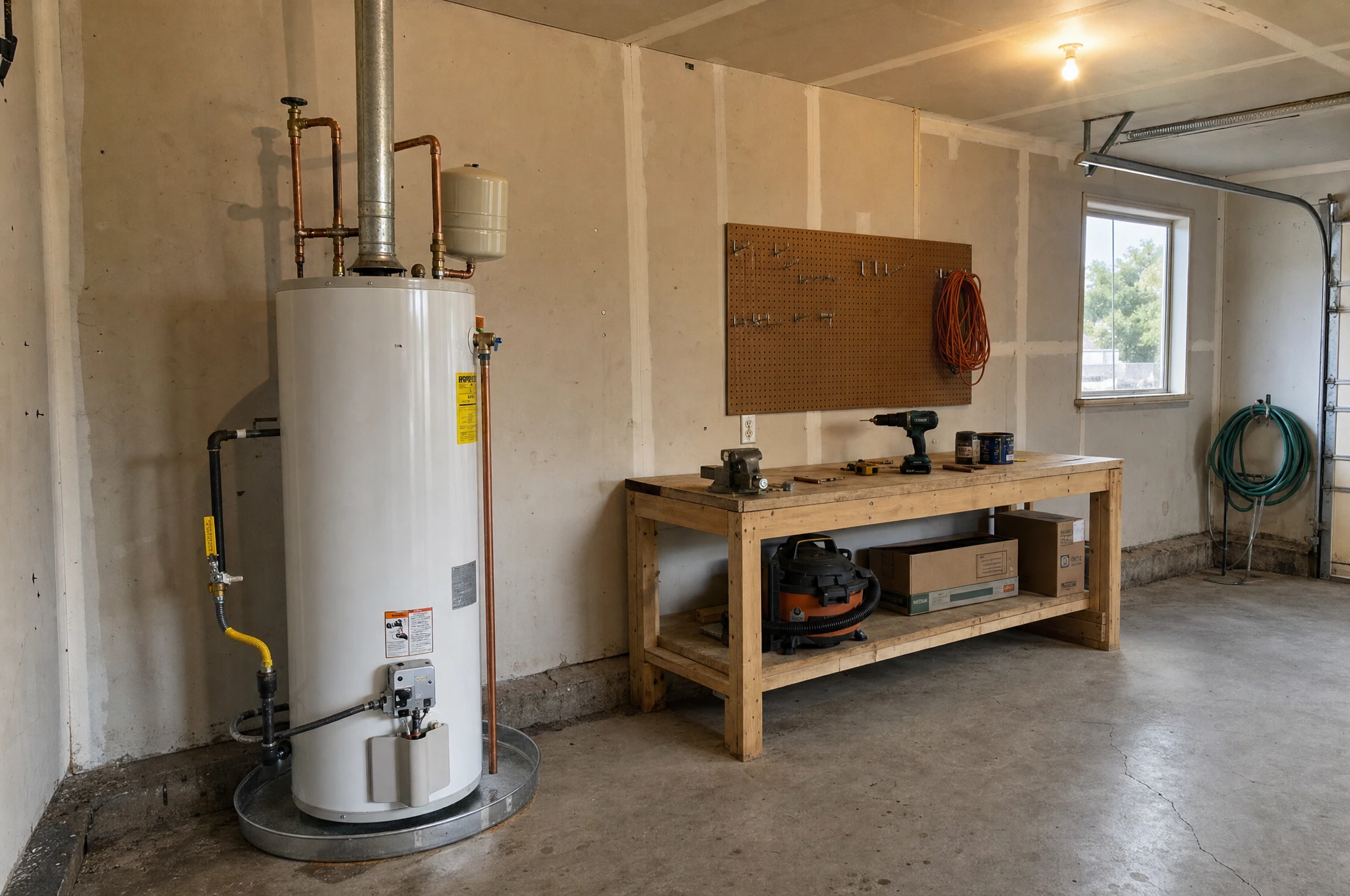 A newly installed water heater with fresh copper supply lines and a routed discharge line