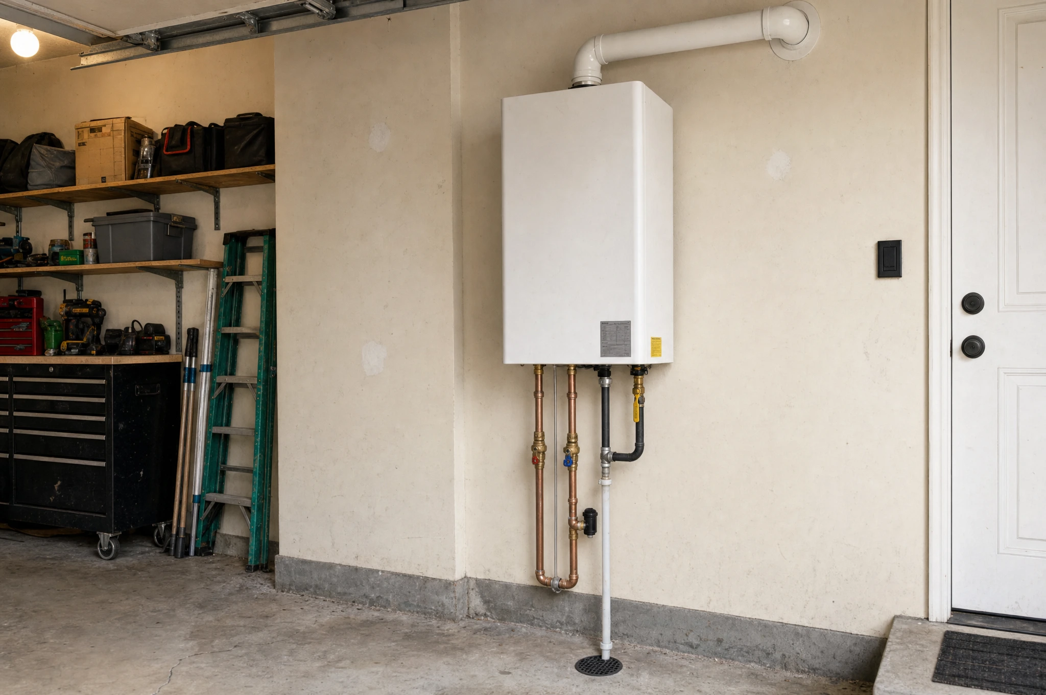 A wall-mounted tankless water heater